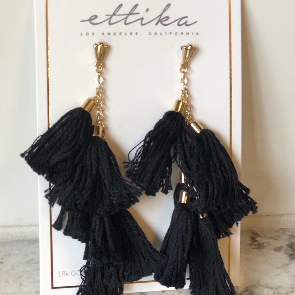 Ettika Daydreamer Tassel Black & Gold Earrings-NEW - Picture 3 of 8